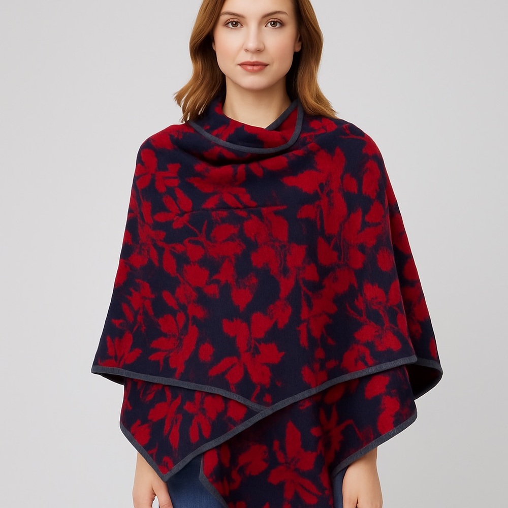 BCBGMAXAZRIA wrap scarf puncho red dark blue floral pattern 80% wool one size